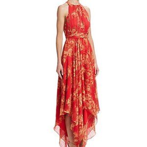 Halston Heritage Red And Gold Printed Halter Gown Size 2